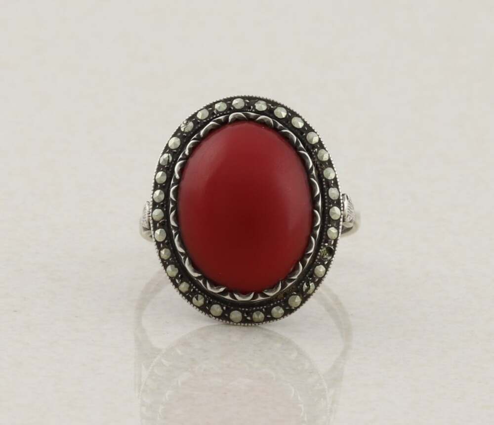 Sterling Silver Coral & Marcasite Ring Size 8 1/2